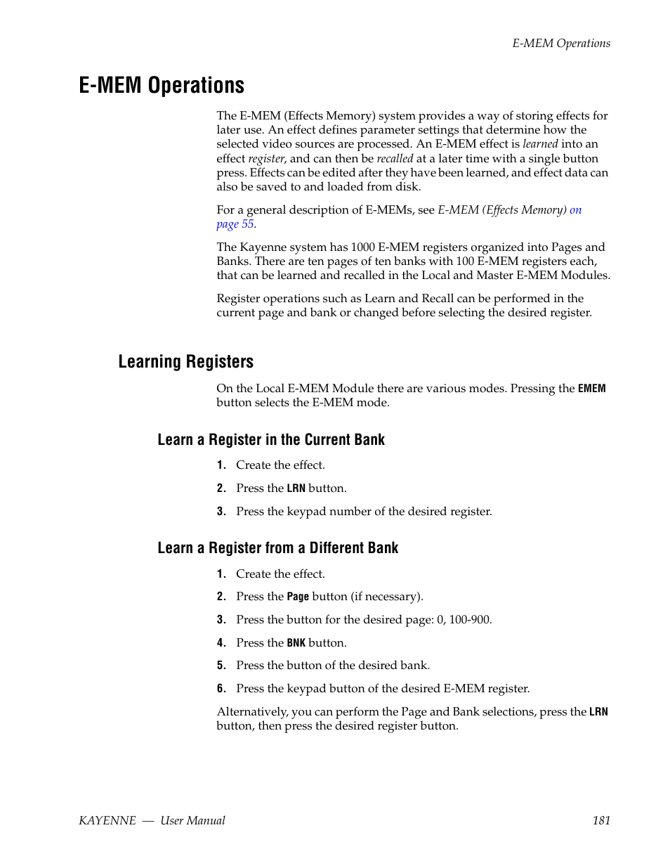E-mem operations, Learning registers, Learn a register in the current bank | Learn a register from a different bank, See e-mem operations | Grass Valley Kayenne v.3.0 User Manual | Page 181 / 480