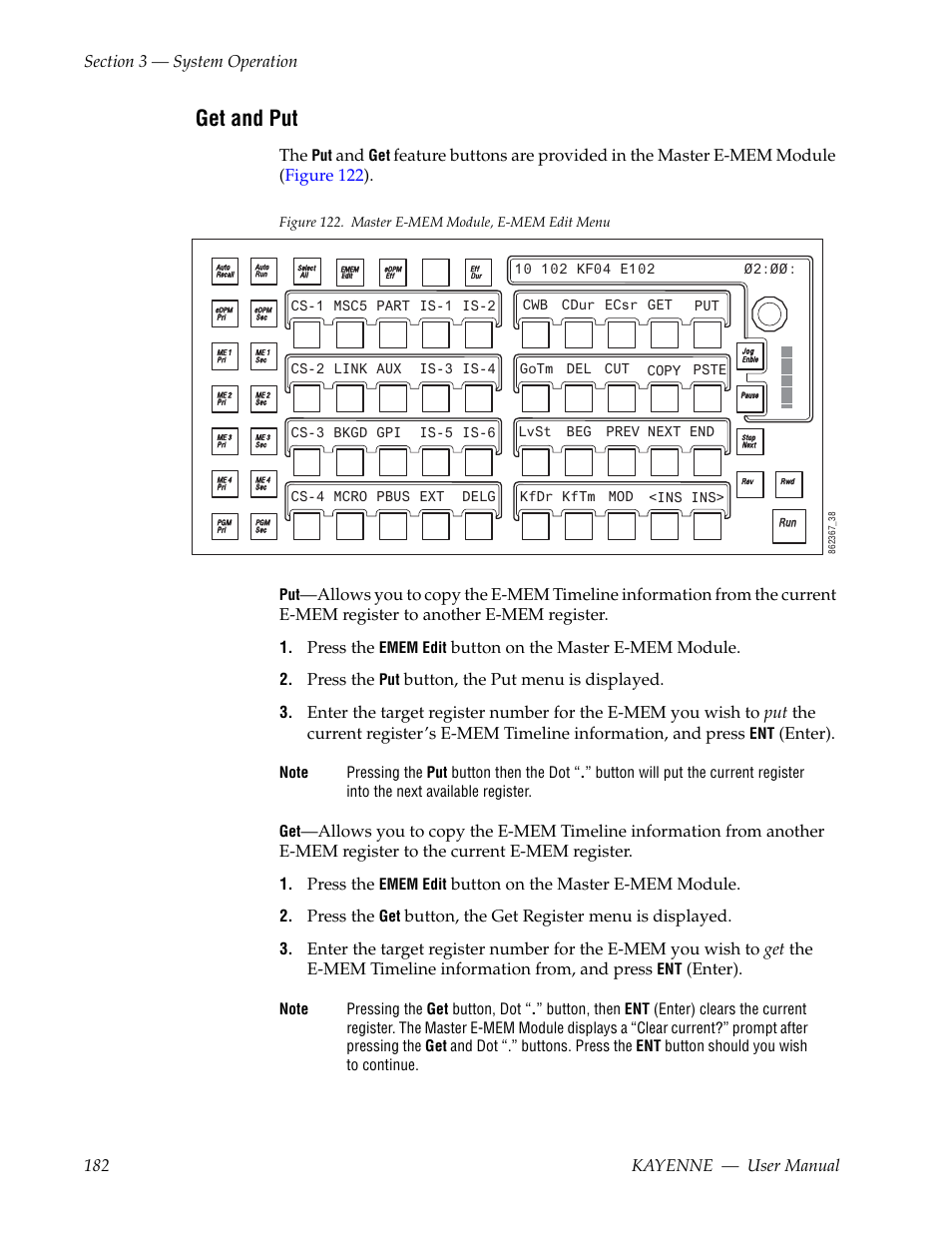 Get and put, Press the, Button on the master e-mem module | Button, the put menu is displayed, Enter), Button, the get register menu is displayed | Grass Valley Kayenne v.3.0 User Manual | Page 182 / 480
