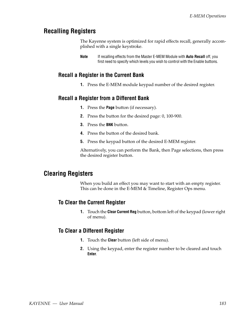 Recalling registers, Recall a register in the current bank, Recall a register from a different bank | Clearing registers, To clear the current register, To clear a different register | Grass Valley Kayenne v.3.0 User Manual | Page 183 / 480