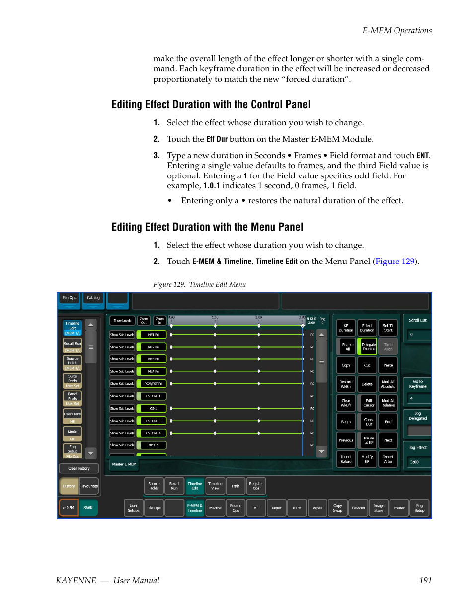 Editing effect duration with the control panel, Editing effect duration with the menu panel | Grass Valley Kayenne v.3.0 User Manual | Page 191 / 480