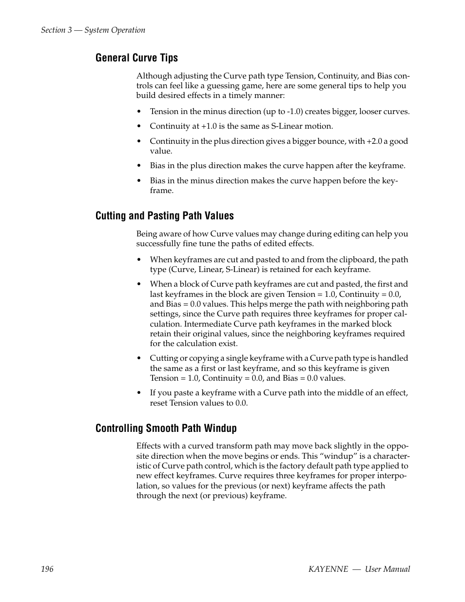 General curve tips, Cutting and pasting path values, Controlling smooth path windup | Grass Valley Kayenne v.3.0 User Manual | Page 196 / 480