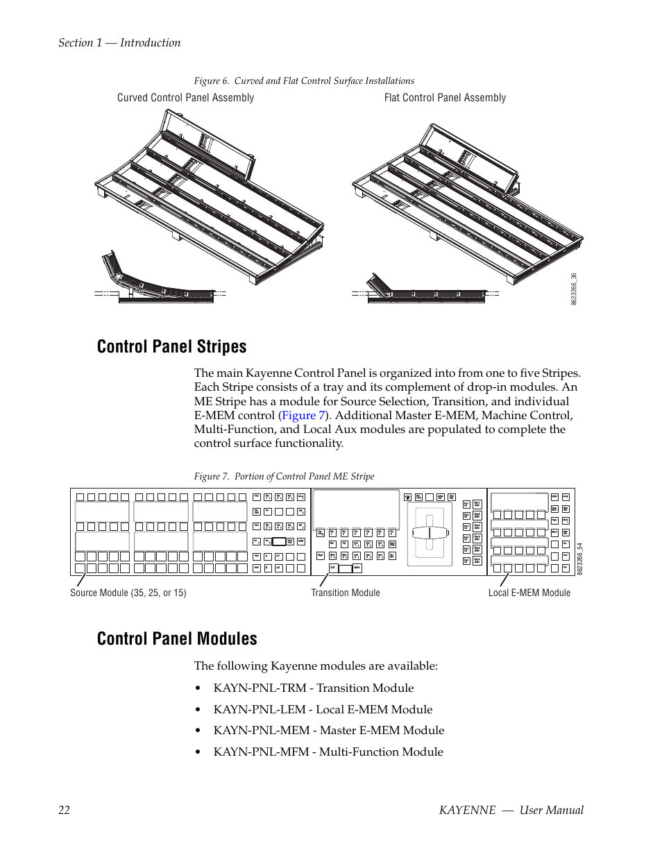 Control panel stripes, Control panel modules, Figure 7. portion of control panel me stripe | Grass Valley Kayenne v.3.0 User Manual | Page 22 / 480