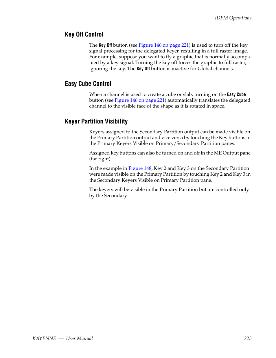 Key off control, Easy cube control, Keyer partition visibility | Grass Valley Kayenne v.3.0 User Manual | Page 223 / 480
