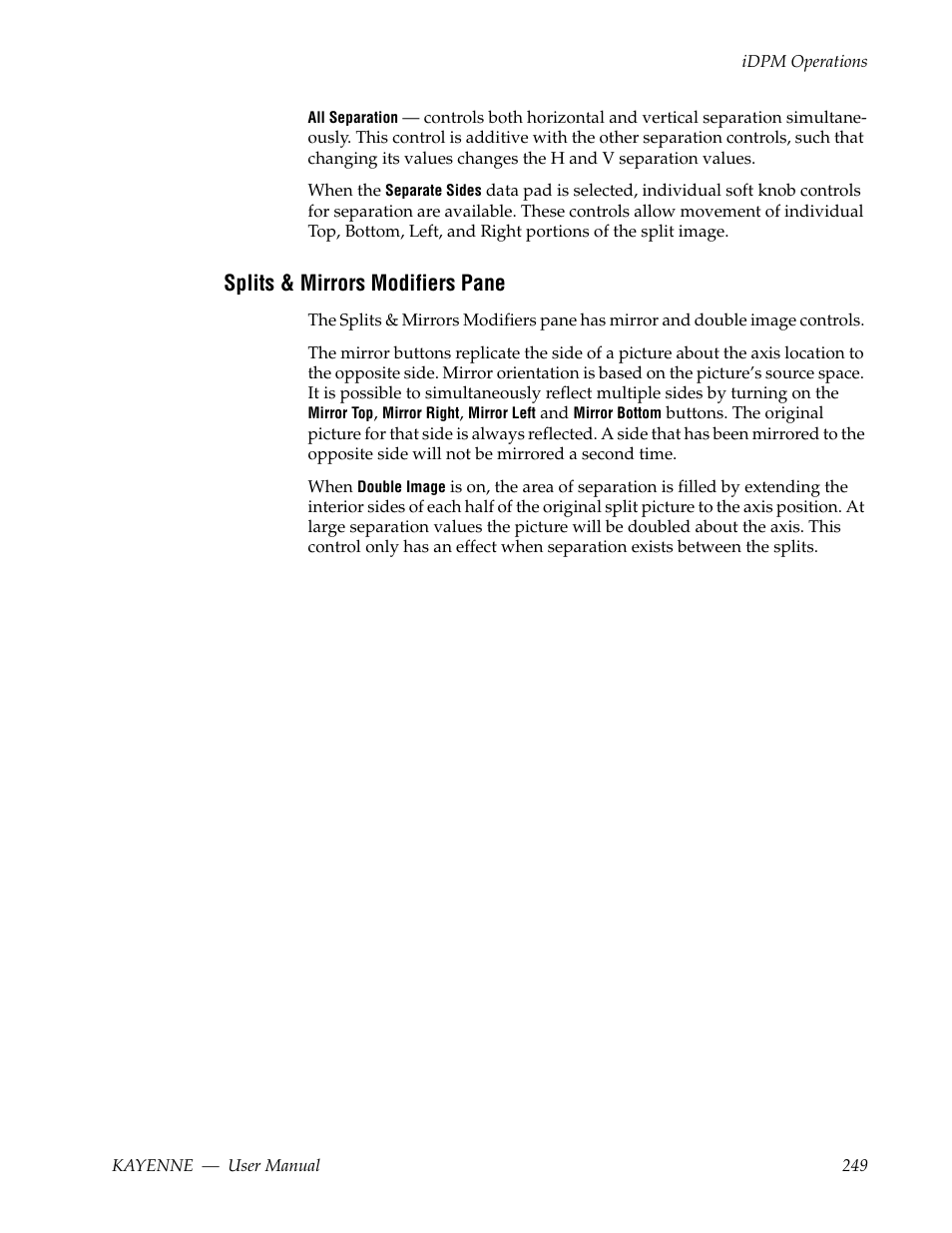 Splits & mirrors modifiers pane | Grass Valley Kayenne v.3.0 User Manual | Page 249 / 480