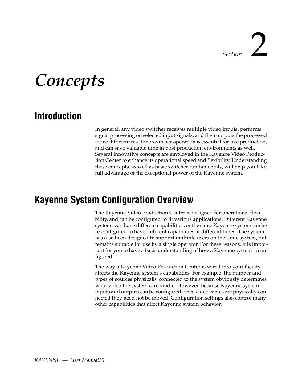 Concepts, Introduction, Kayenne system configuration overview | Section 2 — concepts | Grass Valley Kayenne v.3.0 User Manual | Page 25 / 480