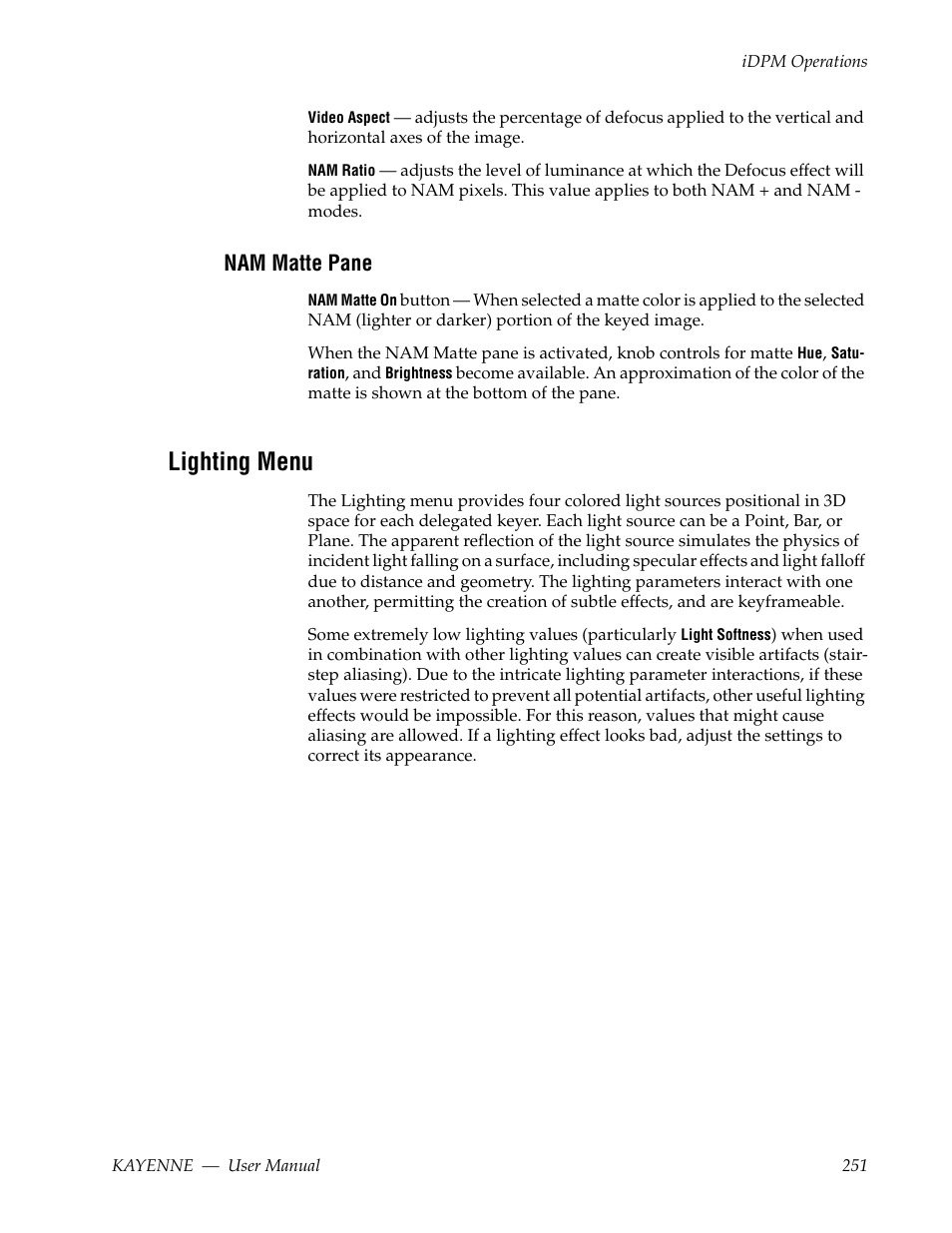 Nam matte pane, Lighting menu | Grass Valley Kayenne v.3.0 User Manual | Page 251 / 480
