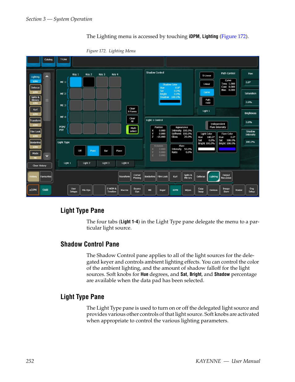 Light type pane, Shadow control pane | Grass Valley Kayenne v.3.0 User Manual | Page 252 / 480