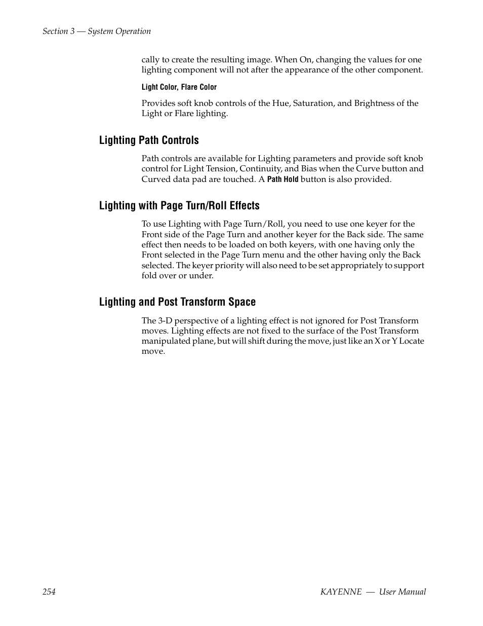Lighting path controls, Lighting and post transform space | Grass Valley Kayenne v.3.0 User Manual | Page 254 / 480