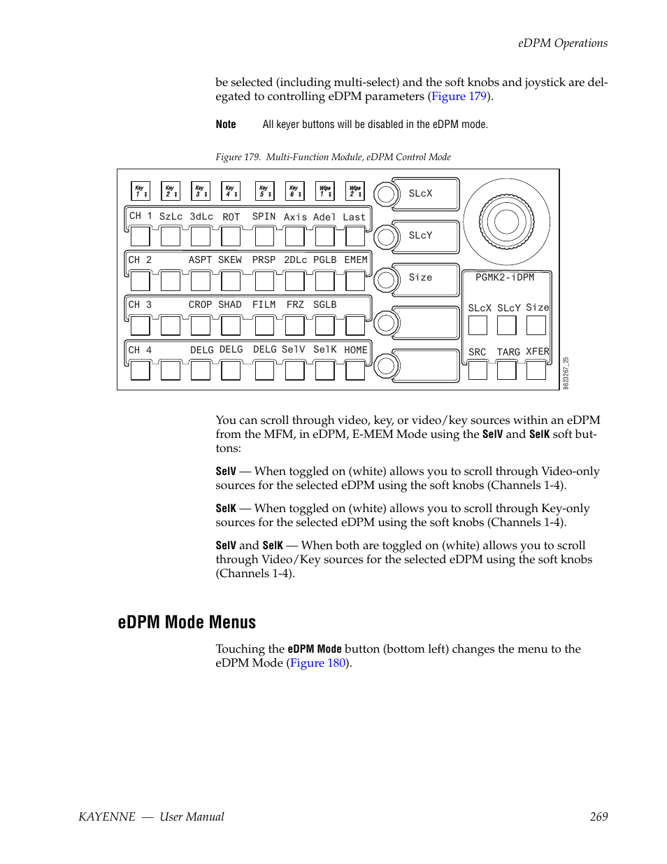 Edpm mode menus, Kayenne — user manual 269 edpm operations, Soft but- tons | Touching the | Grass Valley Kayenne v.3.0 User Manual | Page 269 / 480