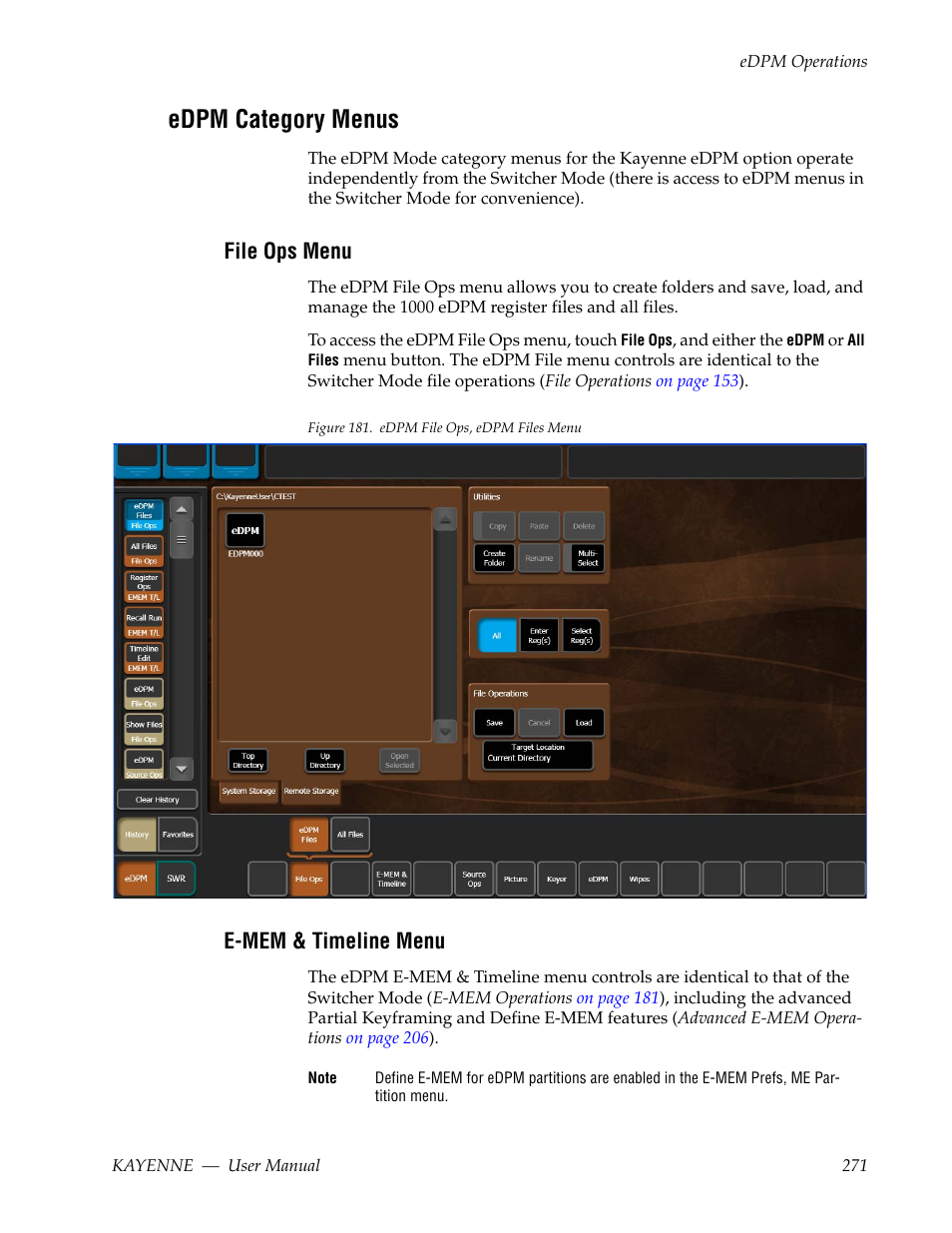 Edpm category menus, File ops menu, E-mem & timeline menu | Grass Valley Kayenne v.3.0 User Manual | Page 271 / 480