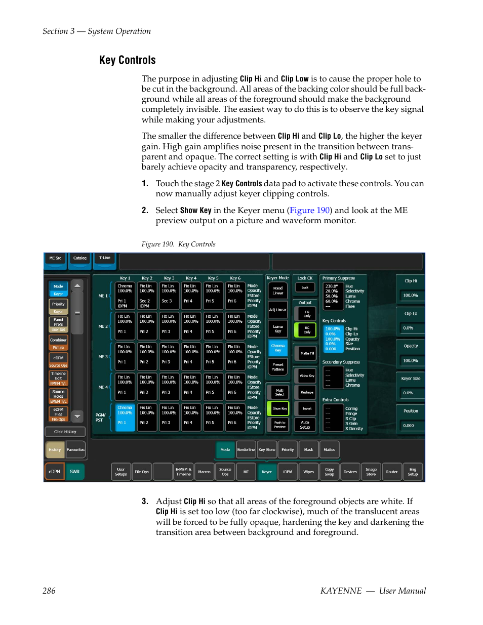 Key controls | Grass Valley Kayenne v.3.0 User Manual | Page 286 / 480