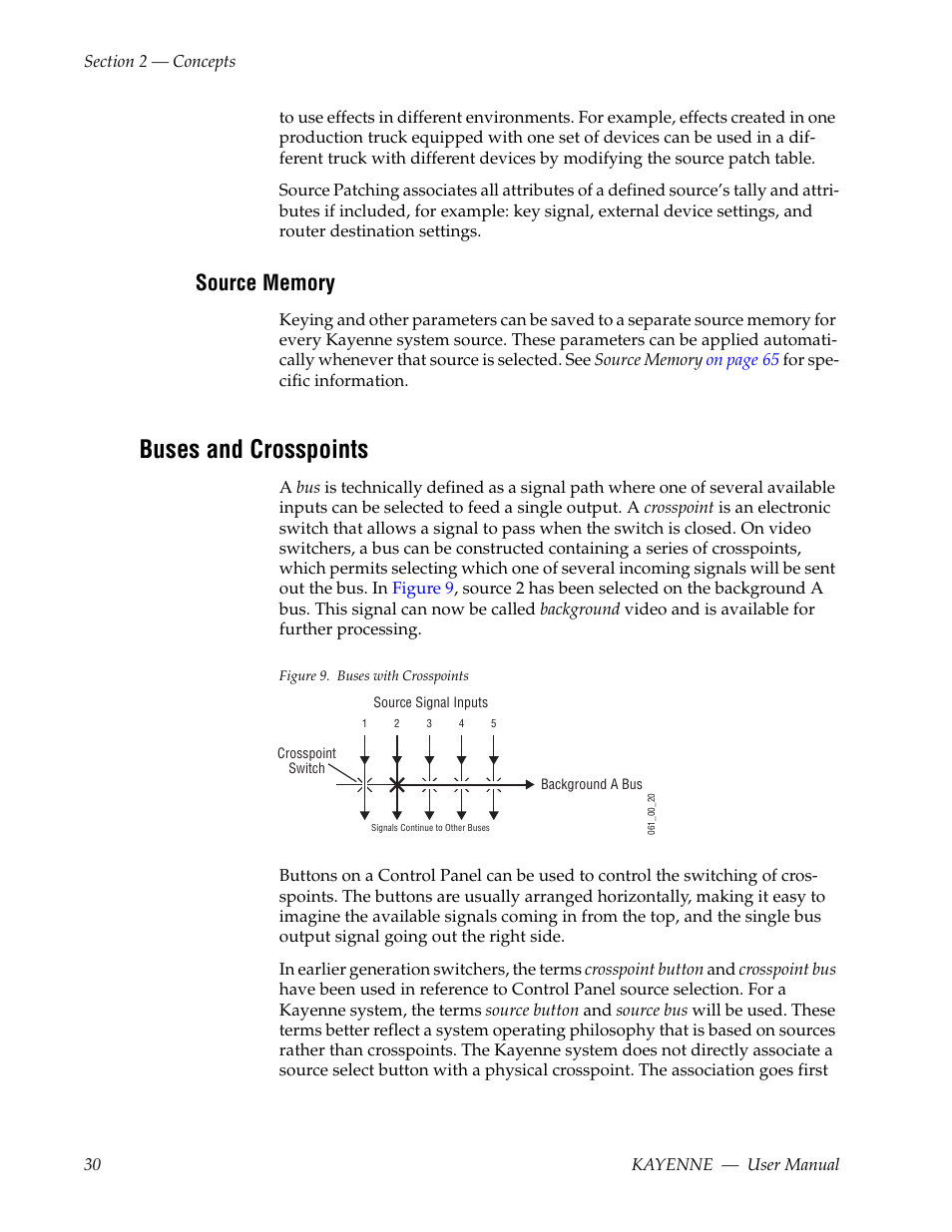 Source memory, Buses and crosspoints | Grass Valley Kayenne v.3.0 User Manual | Page 30 / 480