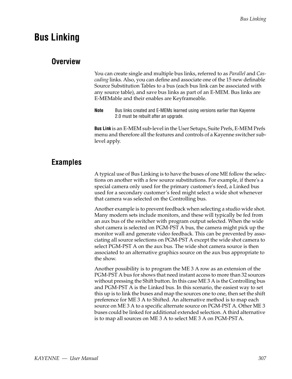 Bus linking, Overview, Examples | Grass Valley Kayenne v.3.0 User Manual | Page 307 / 480