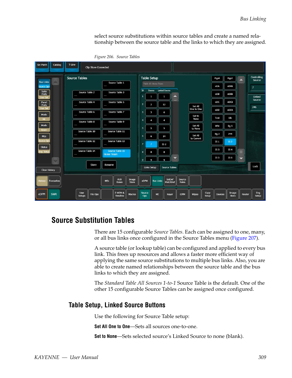 Source substitution tables, Table setup, linked source buttons, Figure 206 | Left) and | Grass Valley Kayenne v.3.0 User Manual | Page 309 / 480