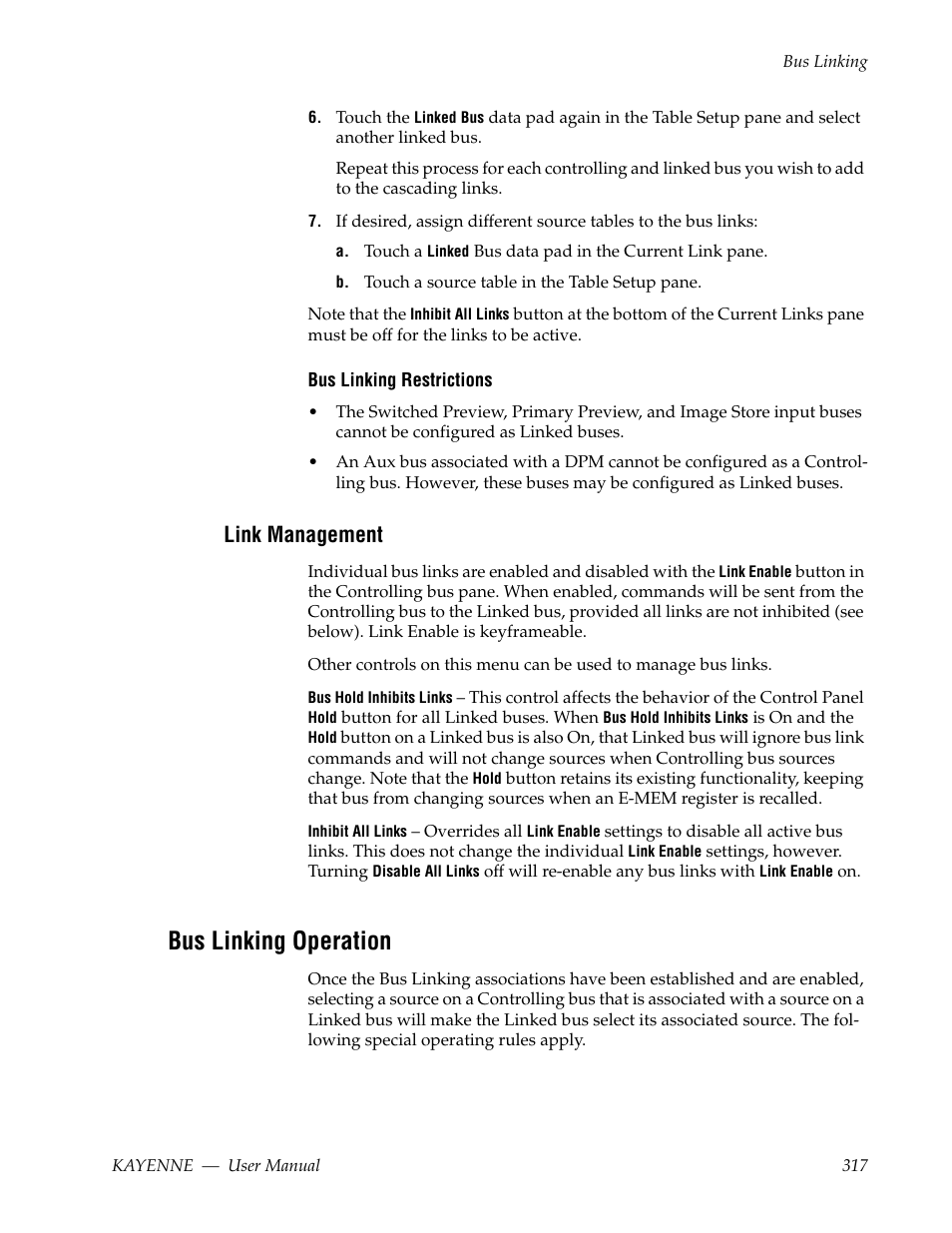 Link management, Bus linking operation | Grass Valley Kayenne v.3.0 User Manual | Page 317 / 480