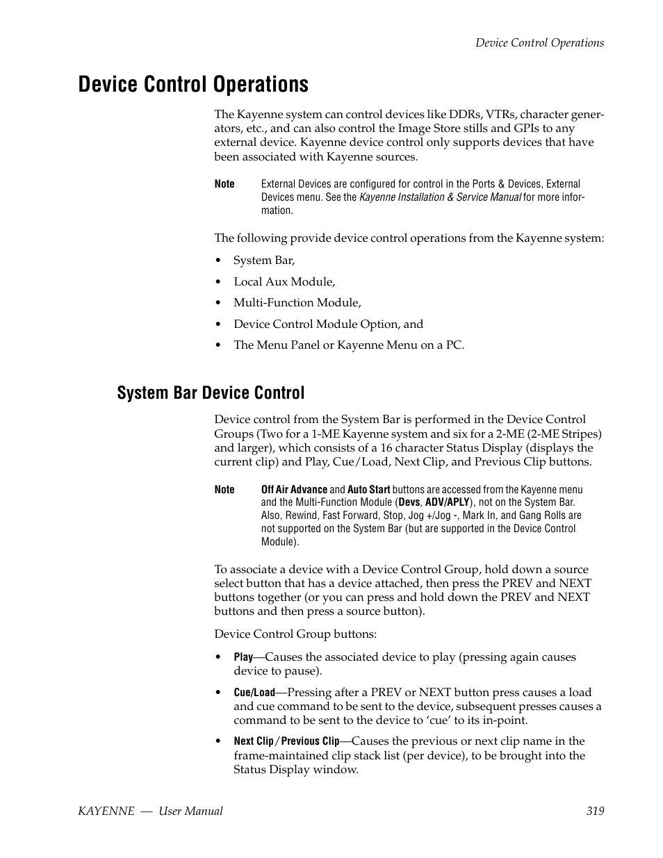 Device control operations, System bar device control | Grass Valley Kayenne v.3.0 User Manual | Page 319 / 480