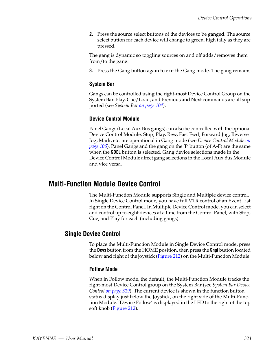 Multi-function module device control, Single device control | Grass Valley Kayenne v.3.0 User Manual | Page 321 / 480