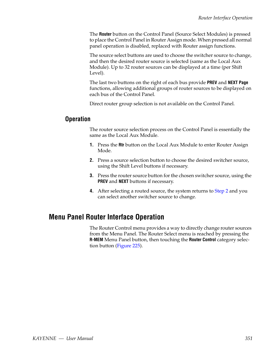 Operation, Menu panel router interface operation | Grass Valley Kayenne v.3.0 User Manual | Page 351 / 480