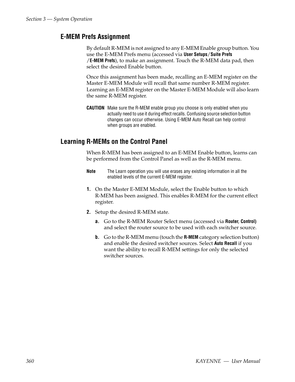E-mem prefs assignment, Learning r-mems on the control panel | Grass Valley Kayenne v.3.0 User Manual | Page 360 / 480