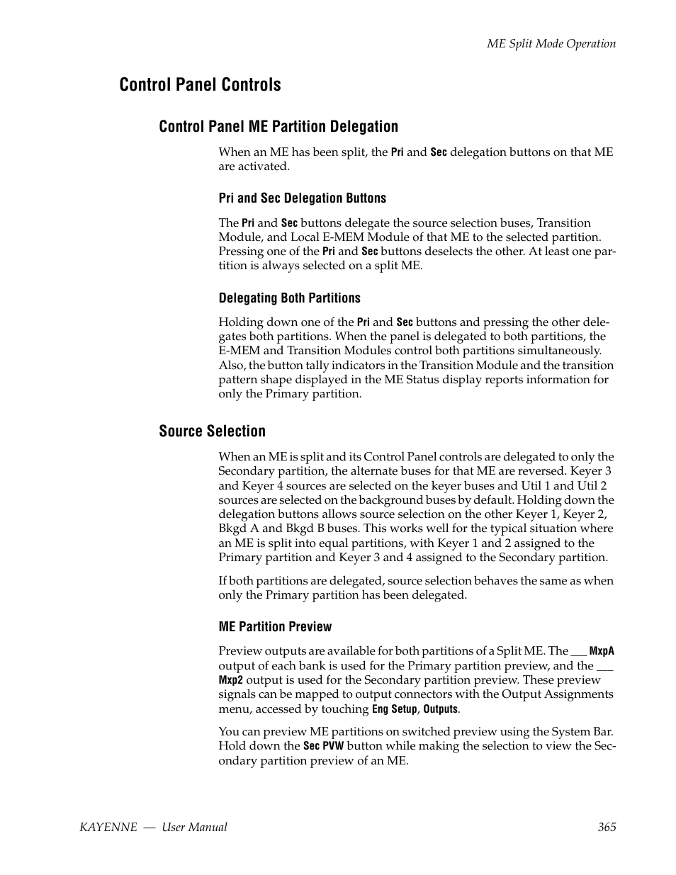 Control panel controls, Control panel me partition delegation, Source selection | Grass Valley Kayenne v.3.0 User Manual | Page 365 / 480