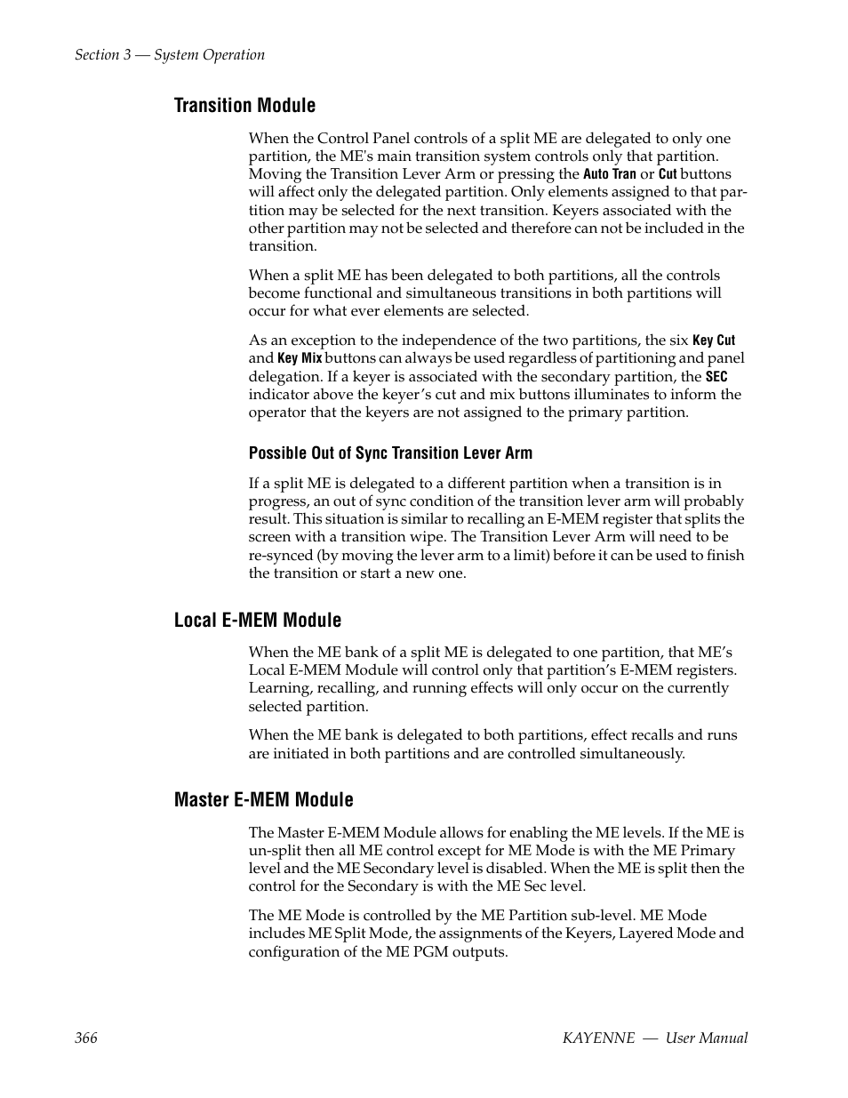 Transition module, Local e-mem module, Master e-mem module | Grass Valley Kayenne v.3.0 User Manual | Page 366 / 480