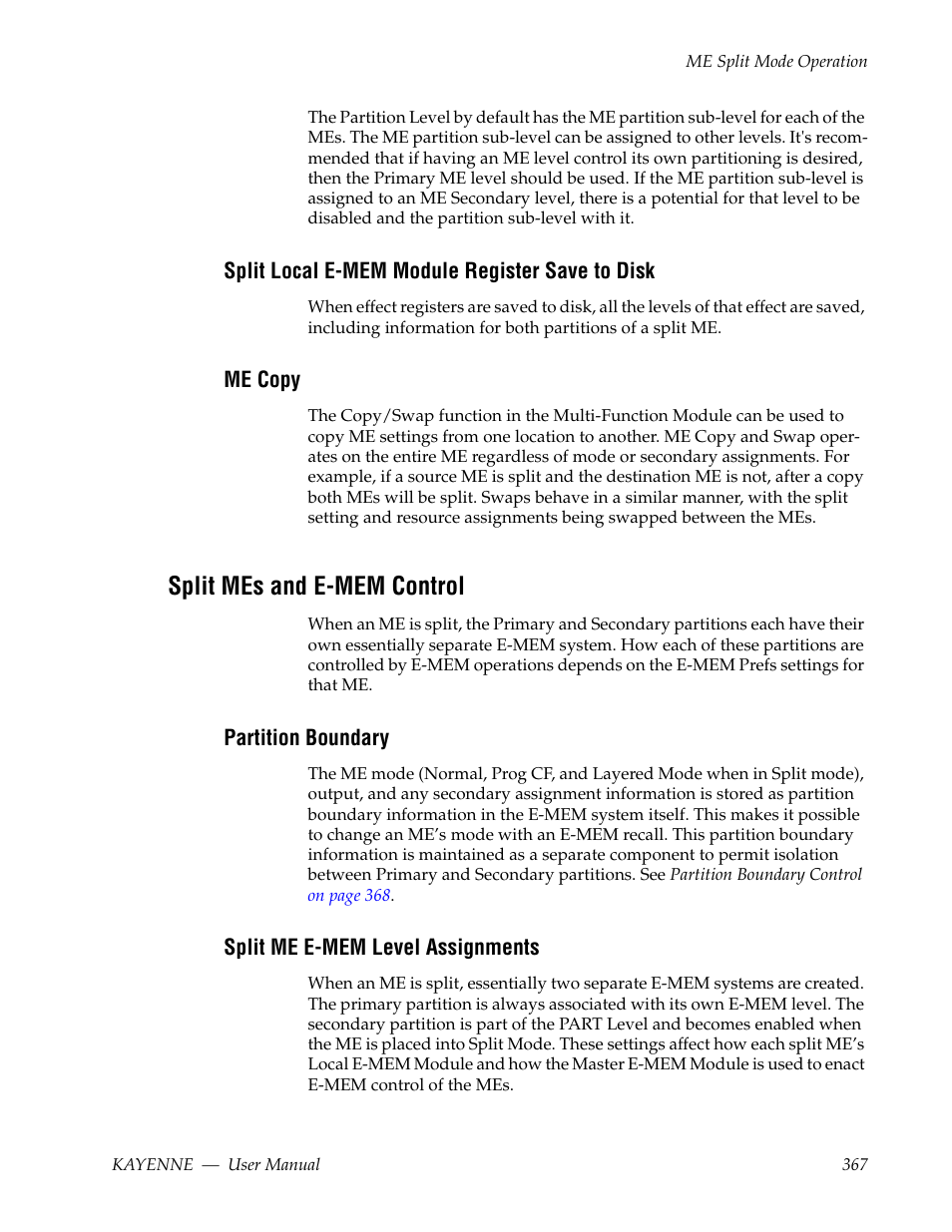 Split local e-mem module register save to disk, Me copy, Split mes and e-mem control | Partition boundary, Split me e-mem level assignments | Grass Valley Kayenne v.3.0 User Manual | Page 367 / 480