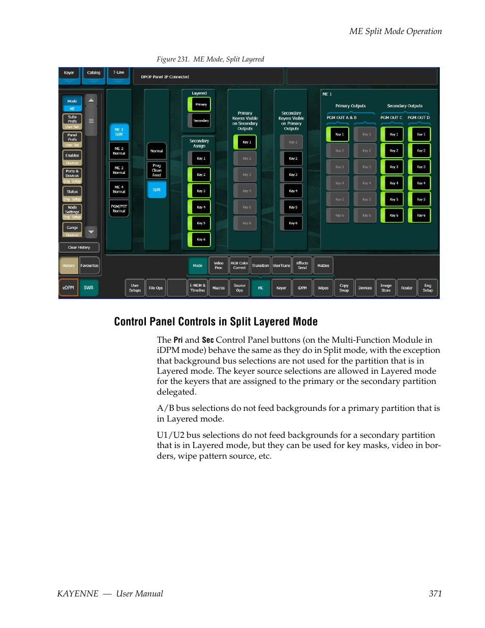 Control panel controls in split layered mode | Grass Valley Kayenne v.3.0 User Manual | Page 371 / 480
