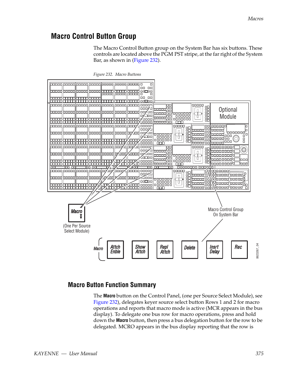 Macro control button group, Macro button function summary | Grass Valley Kayenne v.3.0 User Manual | Page 375 / 480