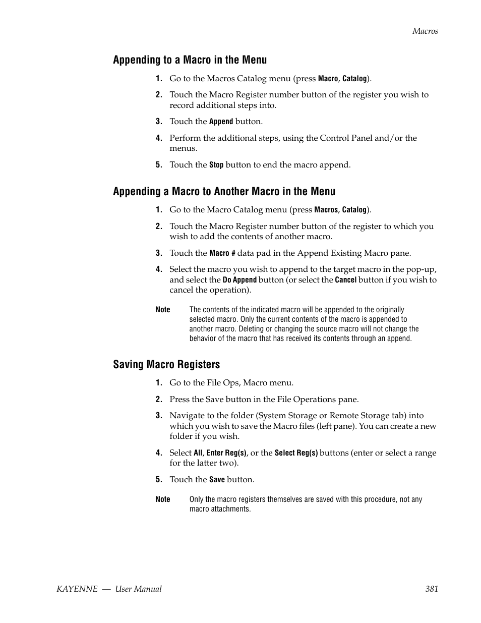 Appending to a macro in the menu, Appending a macro to another macro in the menu, Saving macro registers | Grass Valley Kayenne v.3.0 User Manual | Page 381 / 480