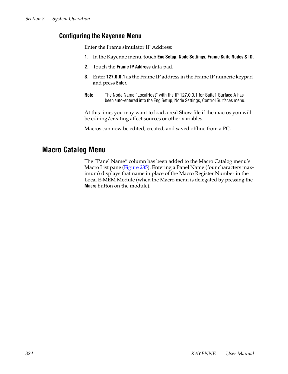 Configuring the kayenne menu, Macro catalog menu | Grass Valley Kayenne v.3.0 User Manual | Page 384 / 480