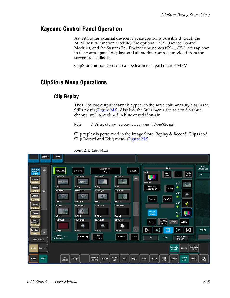 Kayenne control panel operation, Clipstore menu operations, Clip replay | Grass Valley Kayenne v.3.0 User Manual | Page 393 / 480
