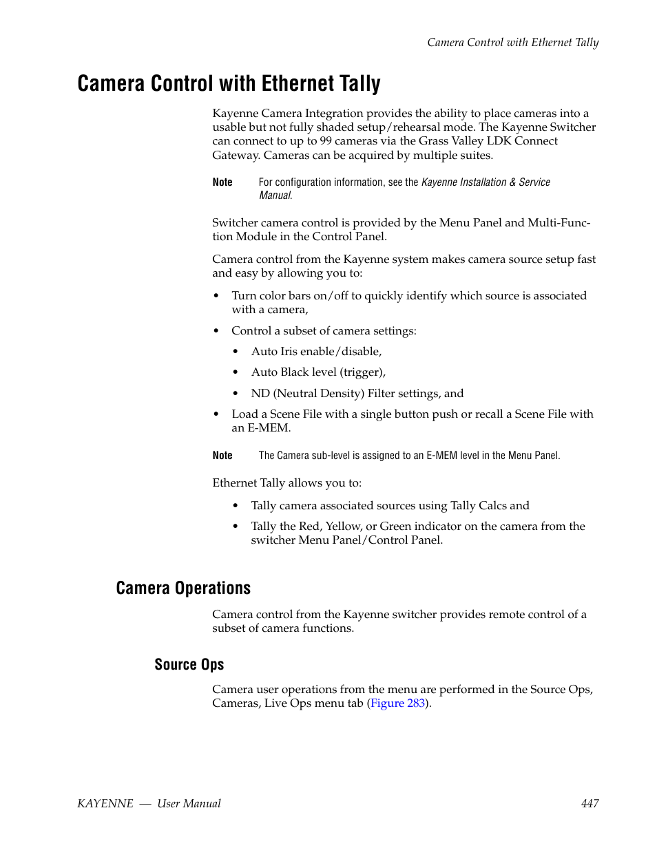 Camera control with ethernet tally, Camera operations, Source ops | Grass Valley Kayenne v.3.0 User Manual | Page 447 / 480