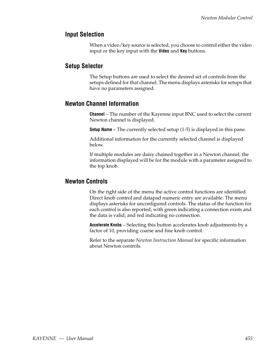 Input selection, Setup selector, Newton channel information | Newton controls | Grass Valley Kayenne v.3.0 User Manual | Page 455 / 480