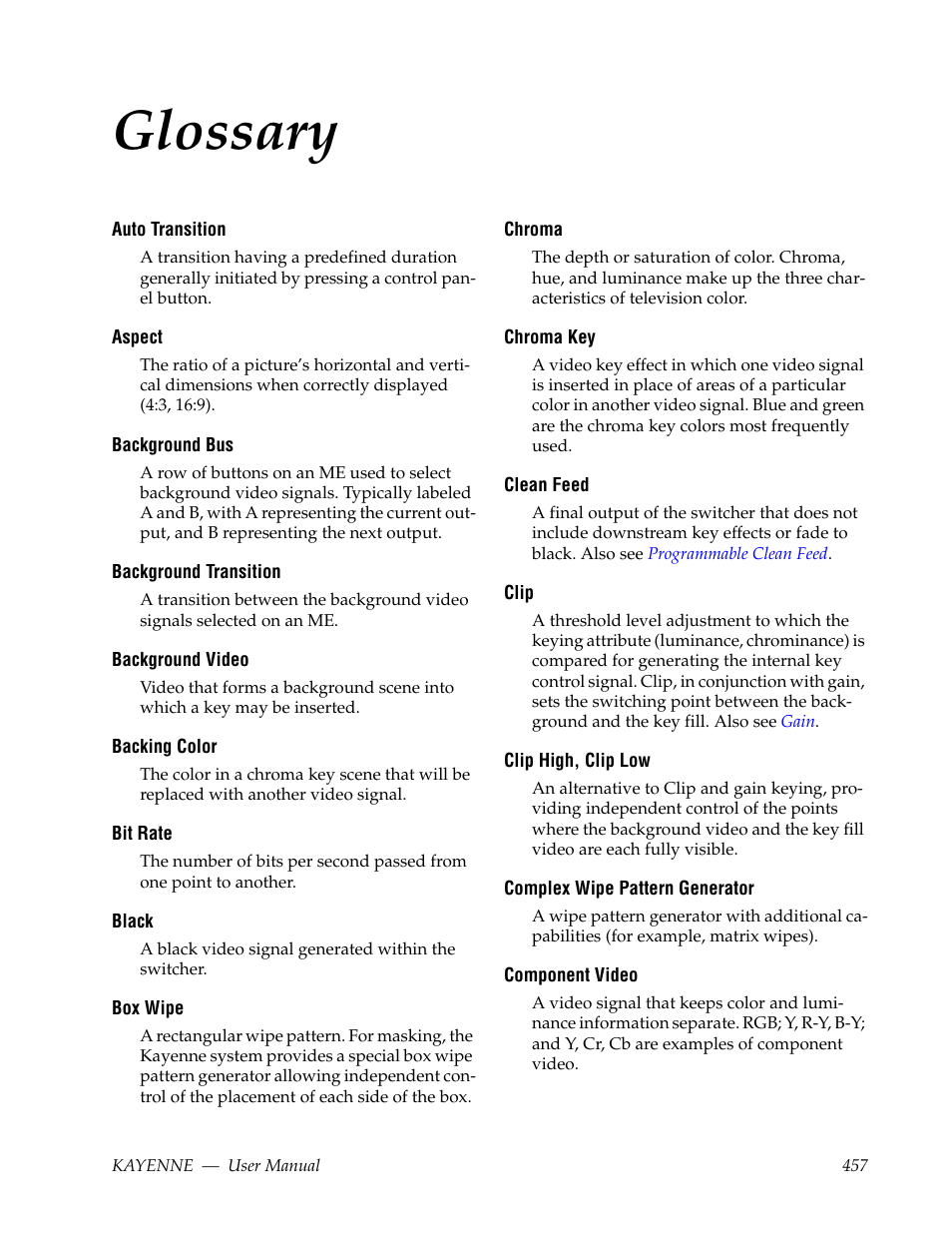 Glossary | Grass Valley Kayenne v.3.0 User Manual | Page 457 / 480