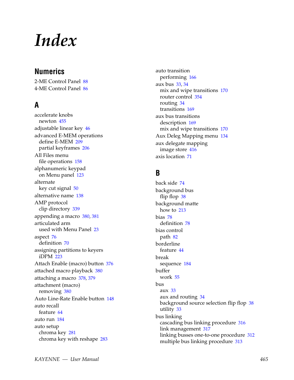 Index, Numerics | Grass Valley Kayenne v.3.0 User Manual | Page 465 / 480