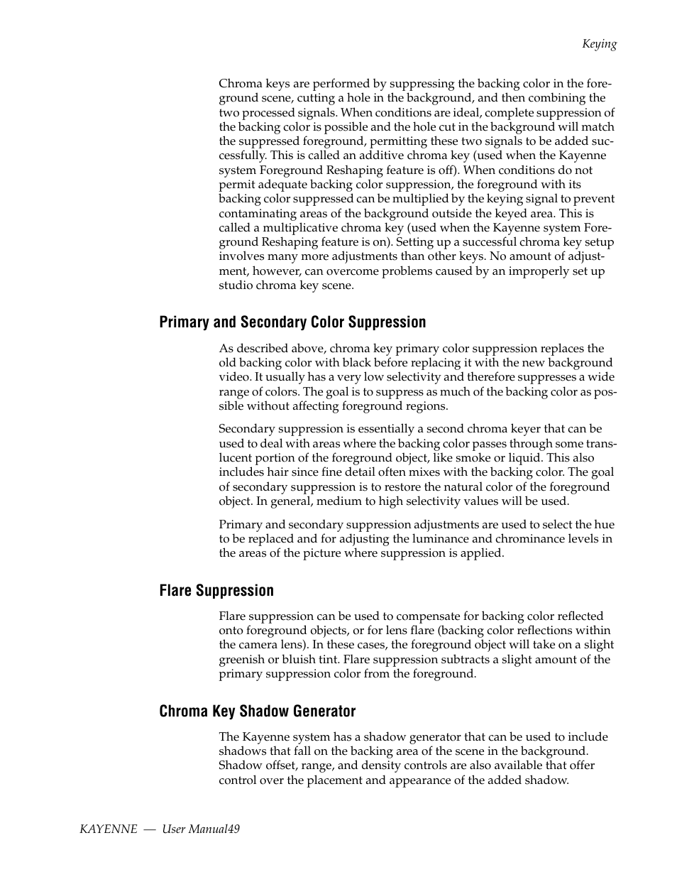Primary and secondary color suppression, Flare suppression, Chroma key shadow generator | Grass Valley Kayenne v.3.0 User Manual | Page 49 / 480