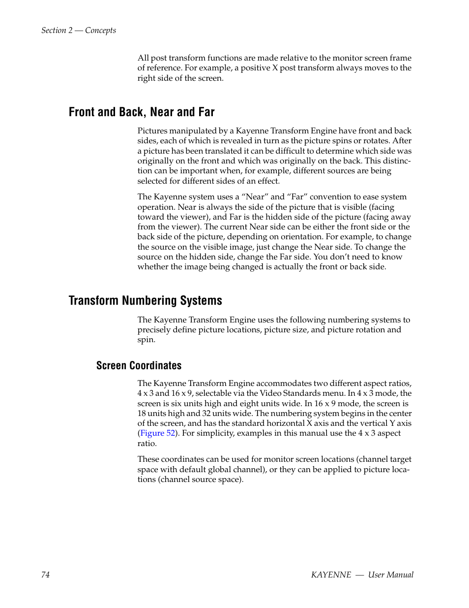 Front and back, near and far, Transform numbering systems, Screen coordinates | Grass Valley Kayenne v.3.0 User Manual | Page 74 / 480