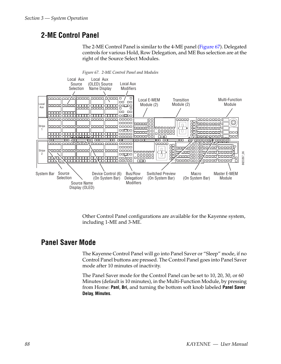 Me control panel, Panel saver mode | Grass Valley Kayenne v.3.0 User Manual | Page 88 / 480