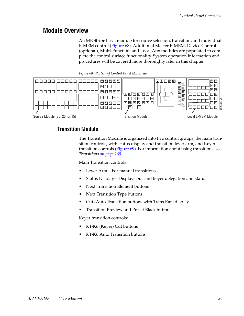 Module overview, Transition module, Kayenne — user manual 89 control panel overview | Figure 68. portion of control panel me stripe | Grass Valley Kayenne v.3.0 User Manual | Page 89 / 480