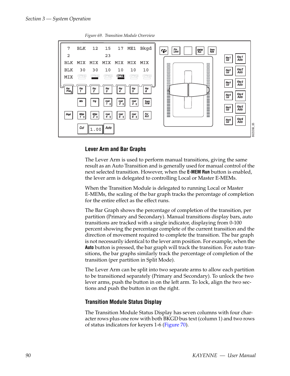 Figure 69, Lever arm and bar graphs, Transition module status display | E-mem run, Auto, Figure 69. transition module overview | Grass Valley Kayenne v.3.0 User Manual | Page 90 / 480