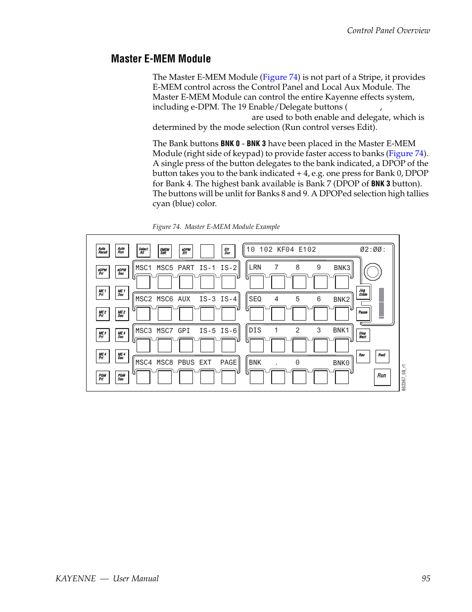 Master e-mem module, Kayenne — user manual 95 control panel overview, Misc 1-8 | Part, aux, gpi, pbus, is 1-6, and ext), Bnk 0, Bnk 3 | Grass Valley Kayenne v.3.0 User Manual | Page 95 / 480