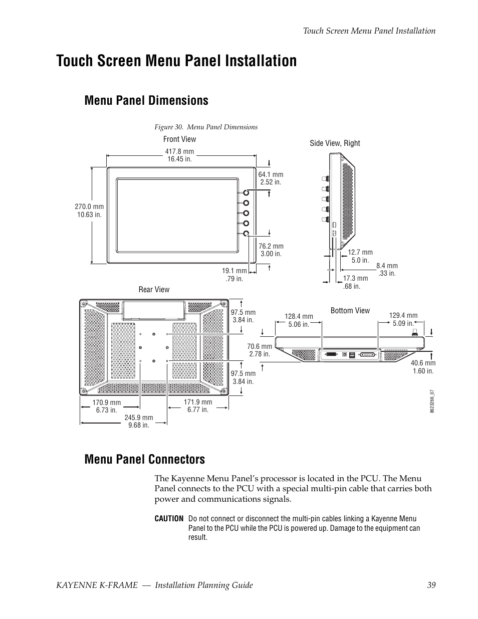 Touch screen menu panel installation, Menu panel dimensions, Menu panel connectors | Grass Valley Kayenne K-Frame Installation Planning Guide Dec 03 2014 User Manual | Page 39 / 52