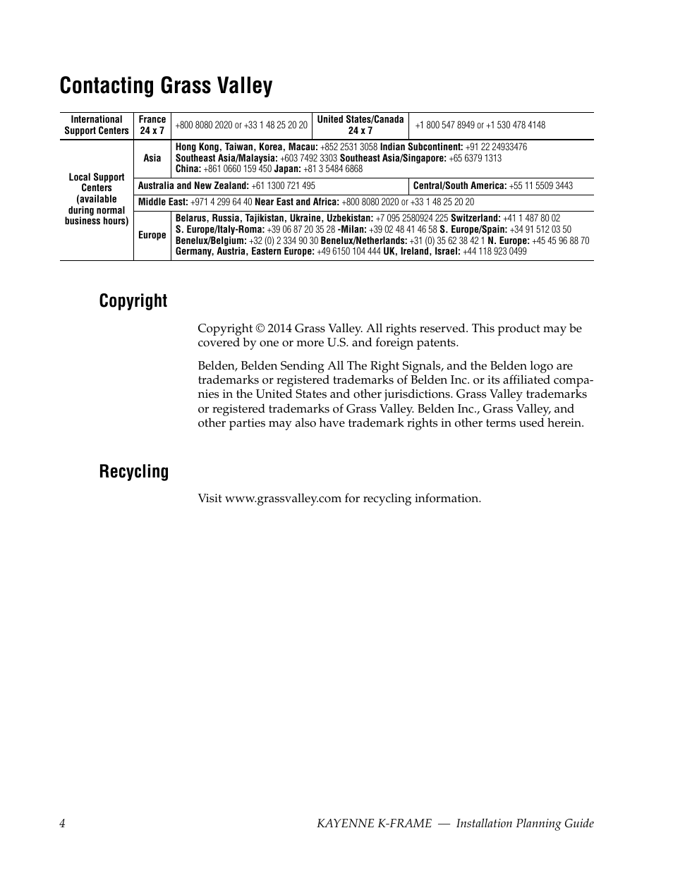 Copyright, Recycling, Contacting grass valley | Grass Valley Kayenne K-Frame Installation Planning Guide Dec 03 2014 User Manual | Page 4 / 52