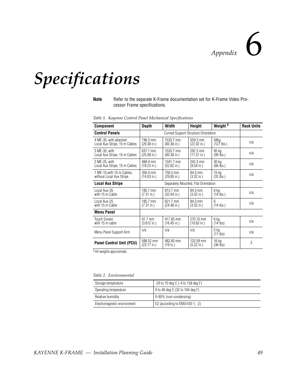 Specifications, Appendix 6 — specifications, Appendix | Grass Valley Kayenne K-Frame Installation Planning Guide Dec 03 2014 User Manual | Page 49 / 52