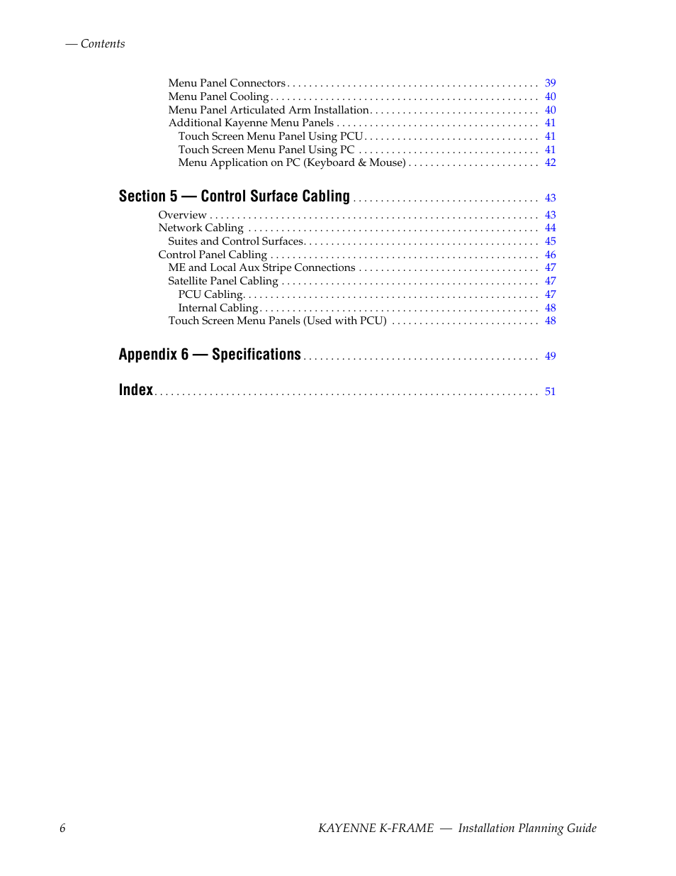 Appendix 6 — specifications, Index | Grass Valley Kayenne K-Frame Installation Planning Guide Dec 03 2014 User Manual | Page 6 / 52