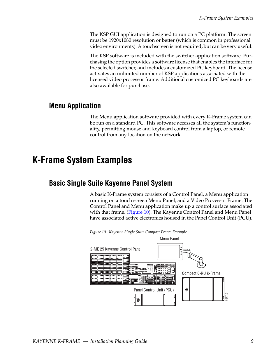 Menu application, K-frame system examples, Basic single suite kayenne panel system | Grass Valley Kayenne K-Frame Installation Planning Guide Dec 03 2013 User Manual | Page 13 / 52