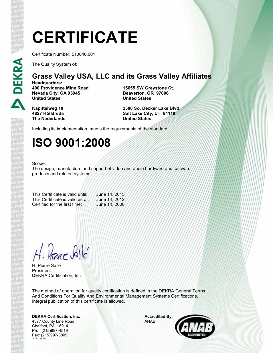 Certificate | Grass Valley Kayenne K-Frame Installation Planning Guide Dec 03 2013 User Manual | Page 2 / 52