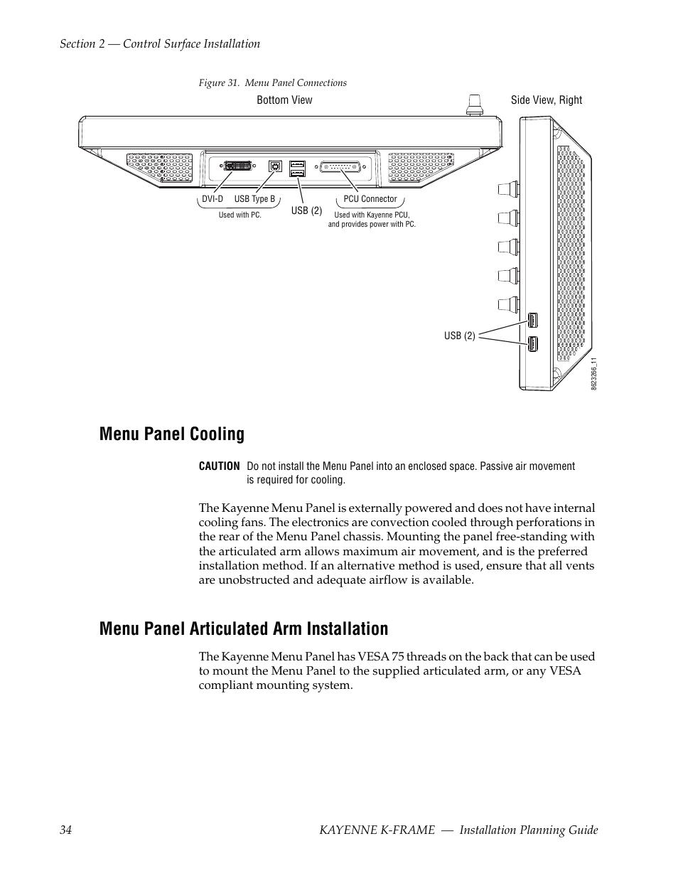 Menu panel cooling, Menu panel articulated arm installation | Grass Valley Kayenne K-Frame Installation Planning Guide Dec 03 2013 User Manual | Page 38 / 52