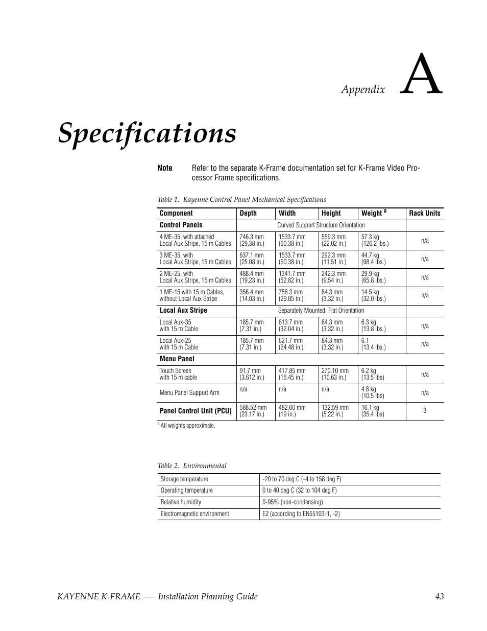 Specifications, Appendix a — specifications, Appendix | Grass Valley Kayenne K-Frame Installation Planning Guide Dec 03 2013 User Manual | Page 47 / 52