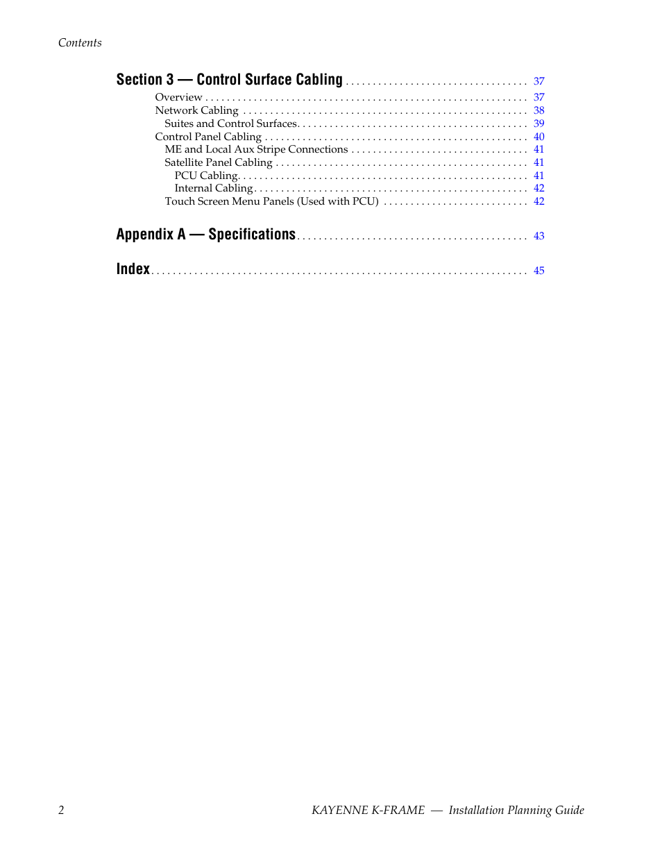 Appendix a — specifications, Index | Grass Valley Kayenne K-Frame Installation Planning Guide Dec 03 2013 User Manual | Page 6 / 52